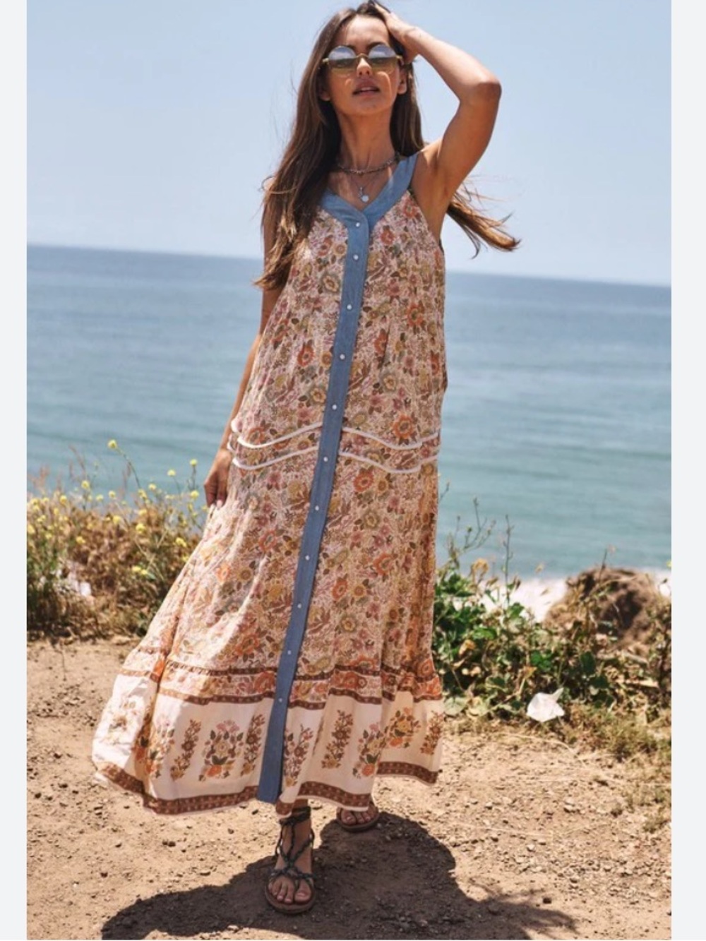 Davi & Dani Button Down Floral Maxi Dress Sleeveless Boho Western Cottage Size L